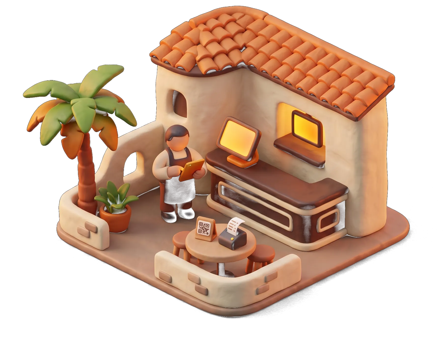 Ilustración 3D de un bar andaluz con TPV, comandero en tablet y carta QR en la mesa