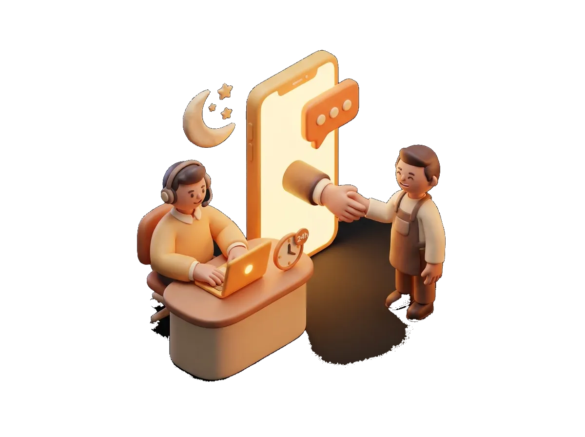 Ilustración 3D: soporte atendiendo por WhatsApp de madrugada